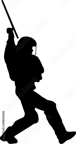 Silhouette of Anti-Riot Special Police Squad Member in Full Gear, Helmet Visor Down Storming with Raised with Baton