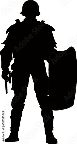 Silhouette of Anti-Riot Special Police Squad Member in Full Gear with Lowered Shield