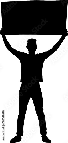 Silhouette of a Punk Male or Female Protester Holding Protest Banner in Air