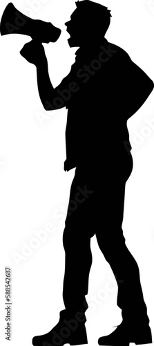 Silhouette of a Male Protest Instigator or Leader Shouting Over Megaphone
