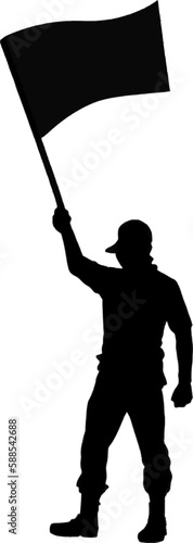 Silhouette of a Masked Male Protester Waving a Riot Slogan Flag in the Air