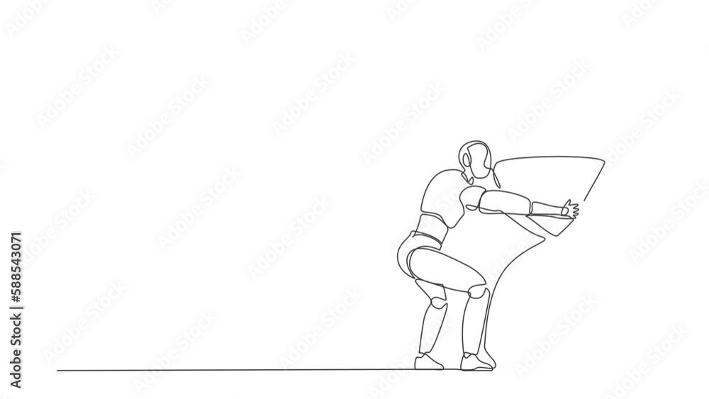Animated self drawing of single continuous line draw robots hugging huge hourglass. Modern robotics artificial intelligence technology. Electronic technology industry. Full length one line animation Animated self drawing of single continuous line draw robots hugging huge hourglass. Modern robotics artificial intelligence technology. Electronic technology industry. Full length one line animation