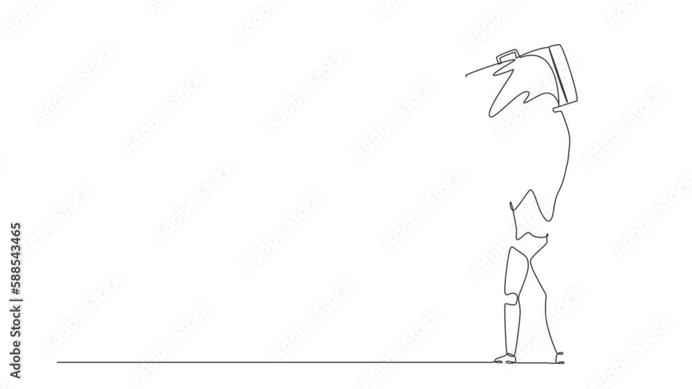 Self drawing animation of single one line draw robot standing lifting up briefcase. Future development. Artificial intelligence and machine learning process. Continuous line draw. Full length animated
