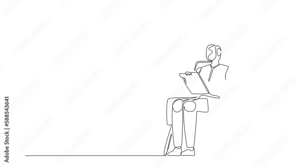 Animated self drawing of continuous line draw robots sitting writing on clipboard. Modern robotics artificial intelligence technology. Electronic technology industry. Full length one line animation Animated self drawing of continuous line draw robots sitting writing on clipboard. Modern robotics artificial intelligence technology. Electronic technology industry. Full length one line animation