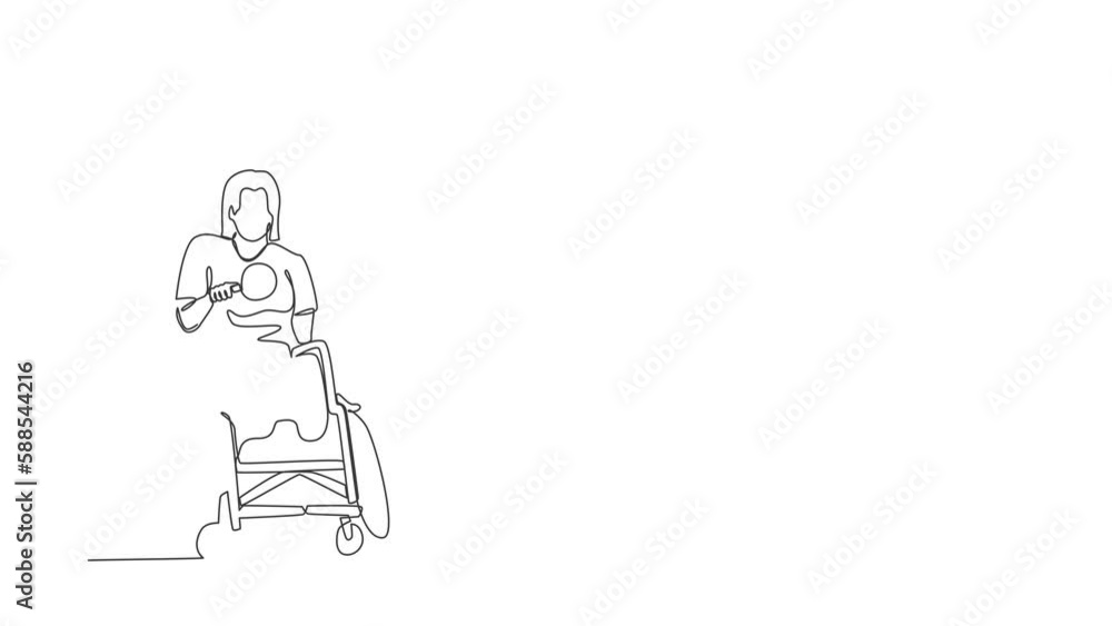 Animated self drawing of continuous line draw disabled sportswoman in wheelchair playing table tennis. Disability games. Hobbies, interests of people with disabilities. Full length one line animation Animated self drawing of continuous line draw disabled sportswoman in wheelchair playing table tennis. Disability games. Hobbies, interests of people with disabilities. Full length one line animation