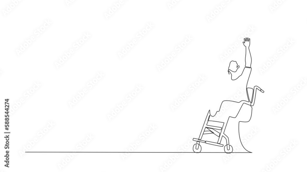 Self drawing animation of single line draw disability woman in wheelchair celebrating winning of football team. Soccer fan wheelchair user. Games championship. Continuous line. Full length animated Self drawing animation of single line draw disability woman in wheelchair celebrating winning of football team. Soccer fan wheelchair user. Games championship. Continuous line. Full length animated