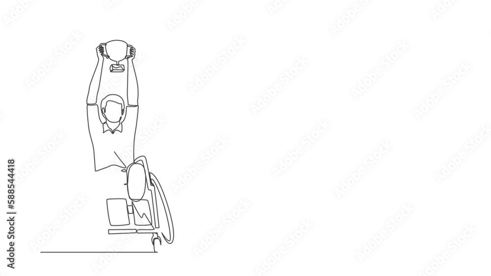 Animated self drawing of continuous line draw disability man in wheelchair hold cup trophy winner. Person rehabilitation. Game tournament, sport training, challenge. Full length one line animation Animated self drawing of continuous line draw disability man in wheelchair hold cup trophy winner. Person rehabilitation. Game tournament, sport training, challenge. Full length one line animation