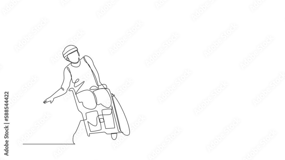 Animated self drawing of continuous one line draw athlete playing basketball in wheelchair. Man with paralyzed legs training. Person with disability doing sports. Full length single line animation
