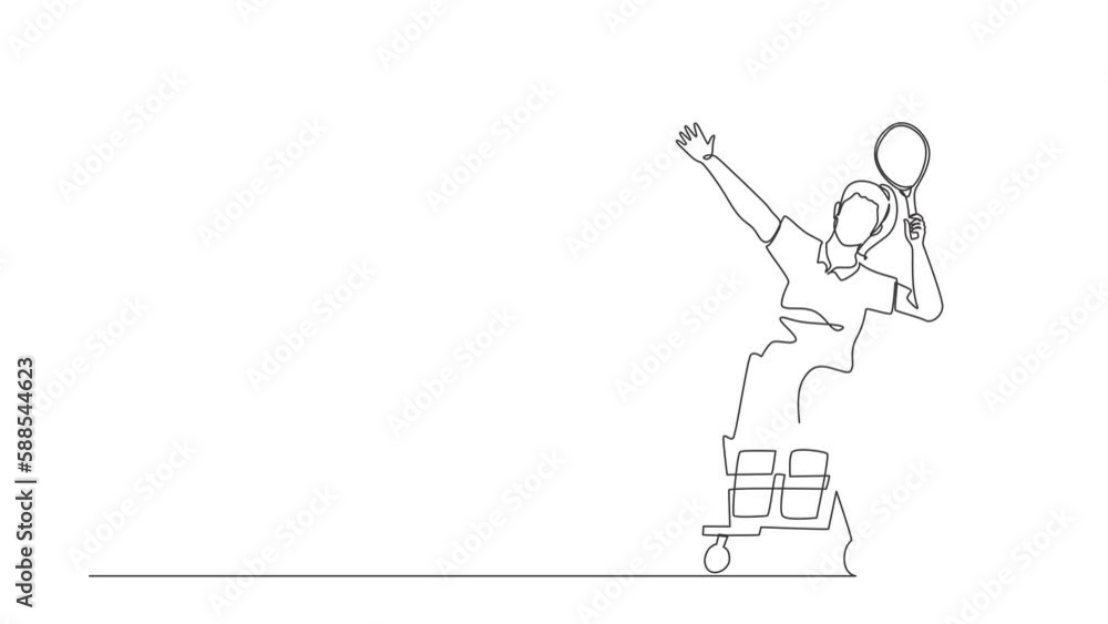 Self drawing animation of single line draw badminton player sitting on wheelchair with pose. Disabled sportswomen wear uniform, amputee woman competition. Continuous line draw. Full length animated