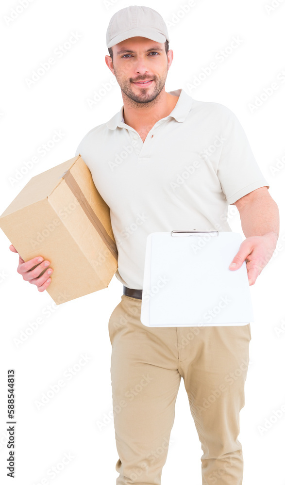 Delivery man with cardboard box showing clipboard Delivery man with cardboard box showing clipboard