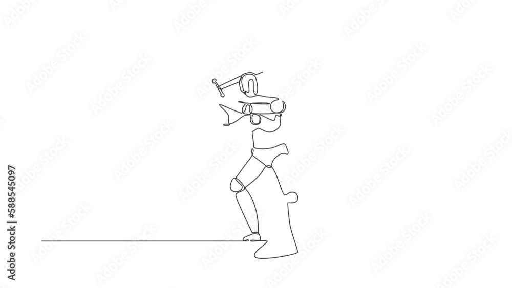 Animated self drawing of continuous line draw robots standing and swinging big sword gesture. Humanoid robot cybernetic organism. Future robotics development concept. Full length single line animation Animated self drawing of continuous line draw robots standing and swinging big sword gesture. Humanoid robot cybernetic organism. Future robotics development concept. Full length single line animation