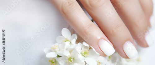 Classic white wedding nail manicure with flowers. Spa treatment concept. Natural hygiene. Health care. Beauty spa salon. Salon procedure Woman body care. 
 photo
