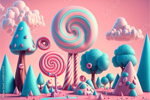 lollipops in the park, colorful candy land playground, sweet swirl candies, isolated background, cute cartoon environment happy amusement park, fantasy world, hills epic cinematic generative ai 