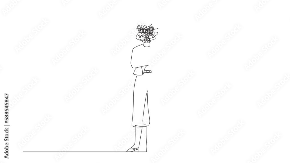 Animated self drawing of continuous line draw businesswoman with round scribbles instead of head. Manager keeping arms crossed. Female standing with folded arms pose. Full length single line animation Animated self drawing of continuous line draw businesswoman with round scribbles instead of head. Manager keeping arms crossed. Female standing with folded arms pose. Full length single line animation