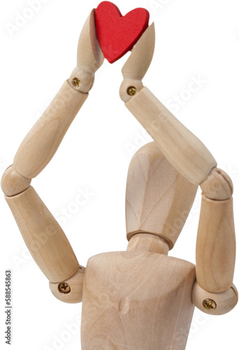 3d Wooden figurine holding red heart with arms raised