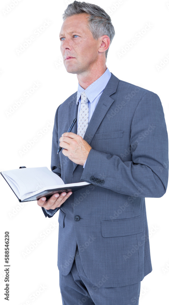 Thoughtful businessman with diary and pen Thoughtful businessman with diary and pen