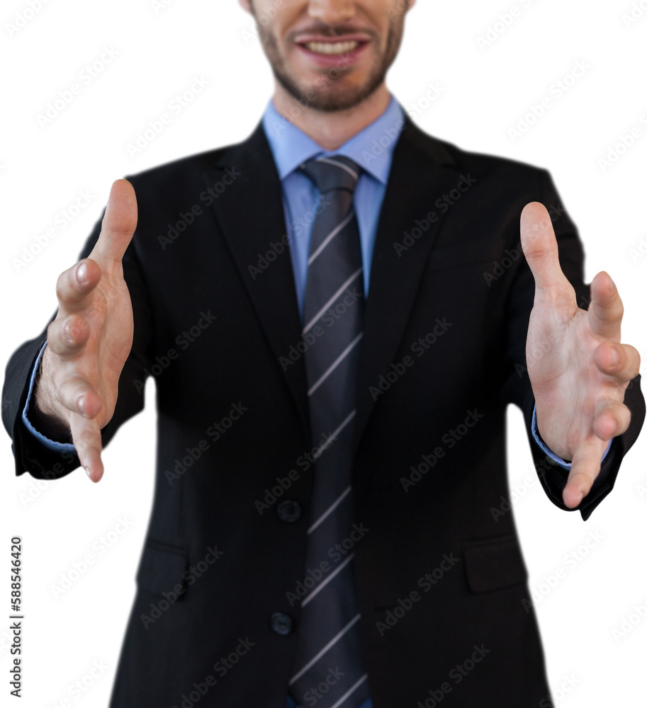 Mid section of smiling businessman in suit marketing invisible product Mid section of smiling businessman in suit marketing invisible product