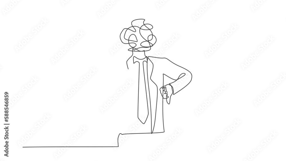 Animated self drawing of continuous line draw businessman with round scribbles instead of head. Confused male manager showing thumbs down sign, negative expression. Full length one line animation Animated self drawing of continuous line draw businessman with round scribbles instead of head. Confused male manager showing thumbs down sign, negative expression. Full length one line animation