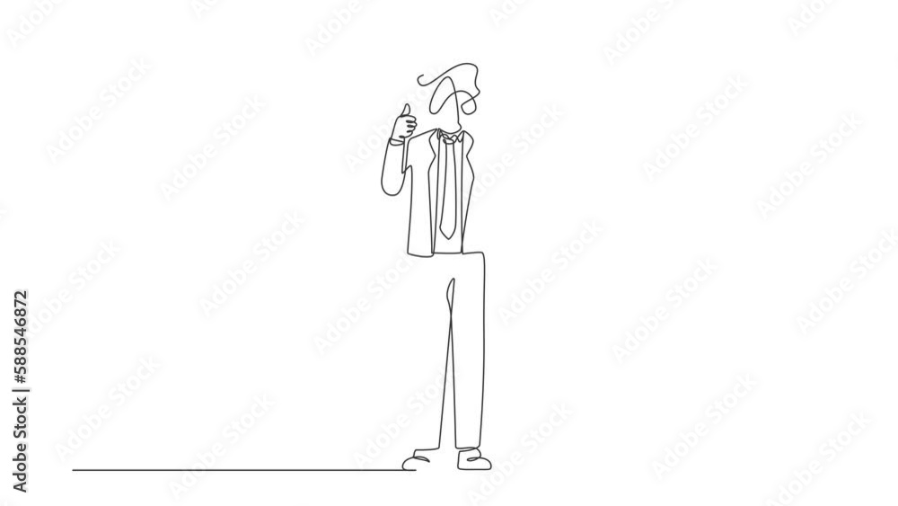 Self drawing animation of single line draw businessman with round scribbles instead of head. Confused manager standing showing thumbs up positive gesture. Continuous line draw. Full length animated Self drawing animation of single line draw businessman with round scribbles instead of head. Confused manager standing showing thumbs up positive gesture. Continuous line draw. Full length animated
