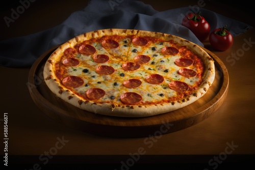 Pizza pepperoni with salami on woodboard