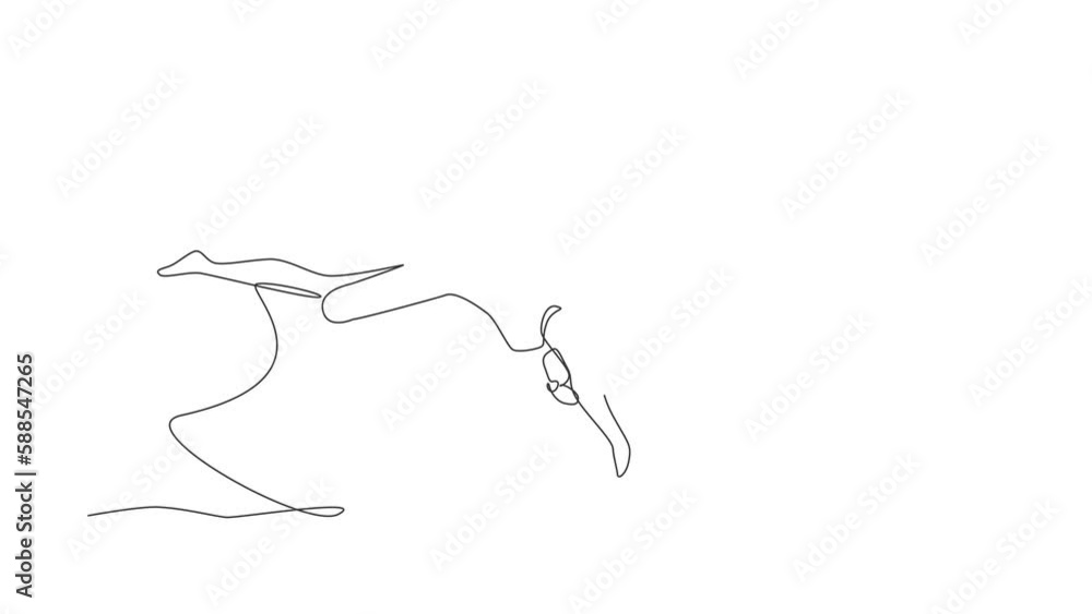 Animated self drawing of continuous one line draw disabled person. Woman in swimming suit jumping in water without leg. Disability. Active life with physical injury. Full length single line animation Animated self drawing of continuous one line draw disabled person. Woman in swimming suit jumping in water without leg. Disability. Active life with physical injury. Full length single line animation