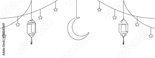 Ramadan kareem in one continuous line drawing. Islamic garlang decoration with lantern, star and moon in simple linear style. Muslim religious holiday celebration. Editable stroke. Outline vector