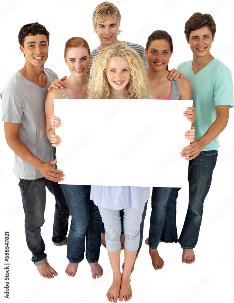 Group of teenagers holding a blank card Group of teenagers holding a blank card
