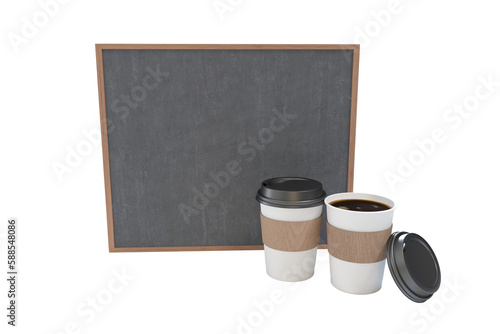 Composite image of disposable coffee cups and blackboard