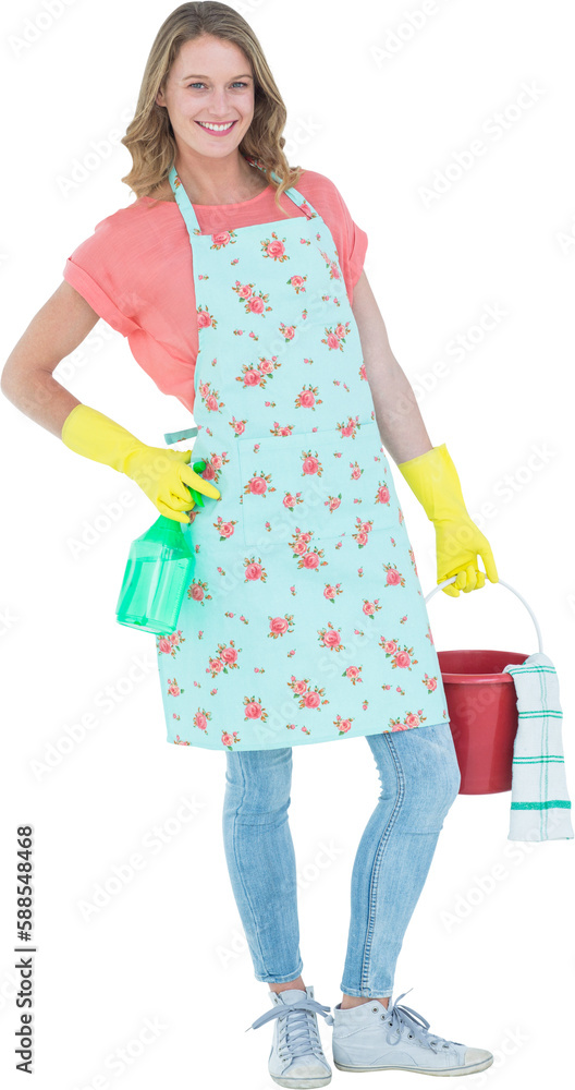 Woman wearing protective gloves and holding bucket Woman wearing protective gloves and holding bucket