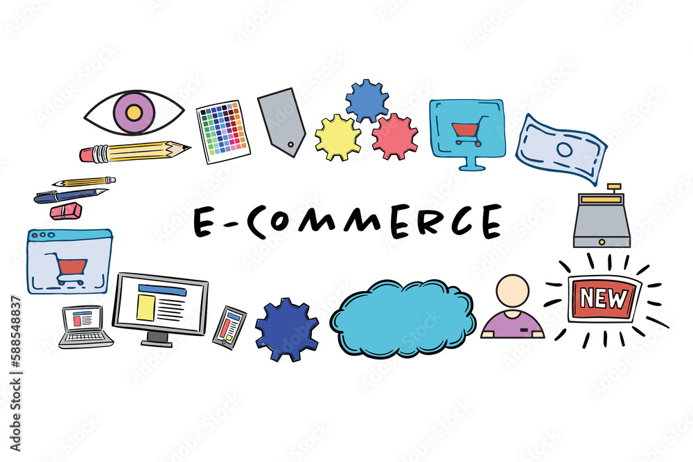 E-commerce text amidst various icons