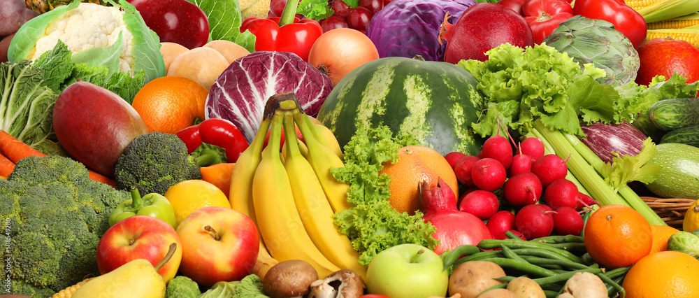 Assortment of fresh vegetables and fruits as background, banner design Assortment of fresh vegetables and fruits as background, banner design