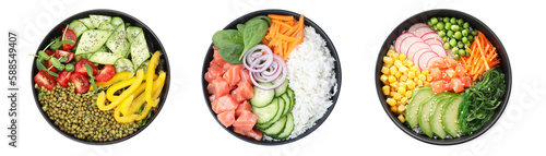 Cuadro en lienzo Set of different poke bowls isolated on white, top view