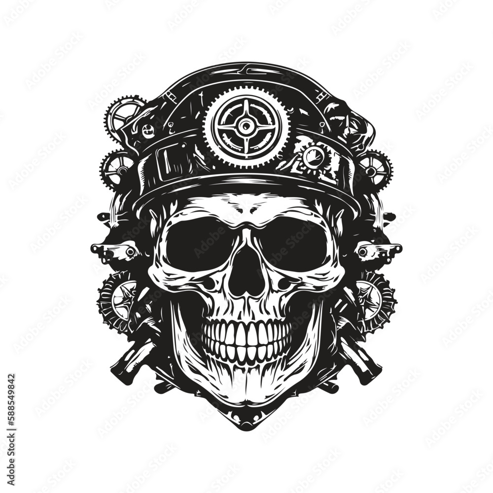 Fototapeta premium steampunk skull, logo concept black and white color, hand drawn illustration