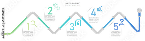 5 Pipe line business option infographic template. Minimal step workflow number icon element presentations. Timeline diagram object vector.