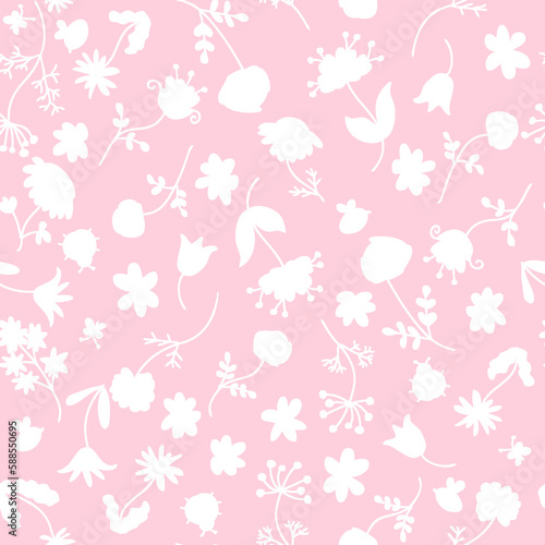 Doodle summer flowers silhouette seamless pattern. Perfect print for tee, paper, fabric, textile. Retro style vector illustration for decor and design.