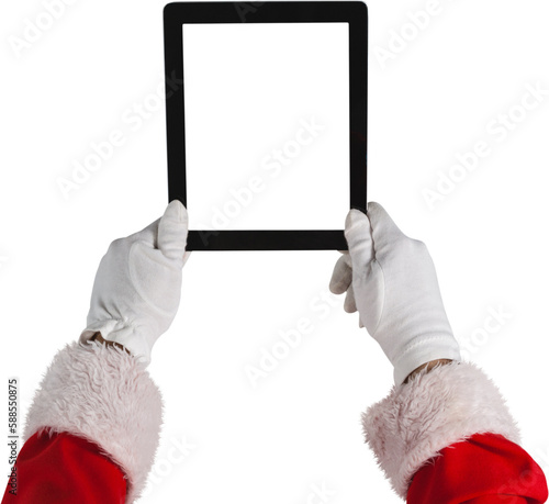 Overhead view of Santa Claus holding digital tablet