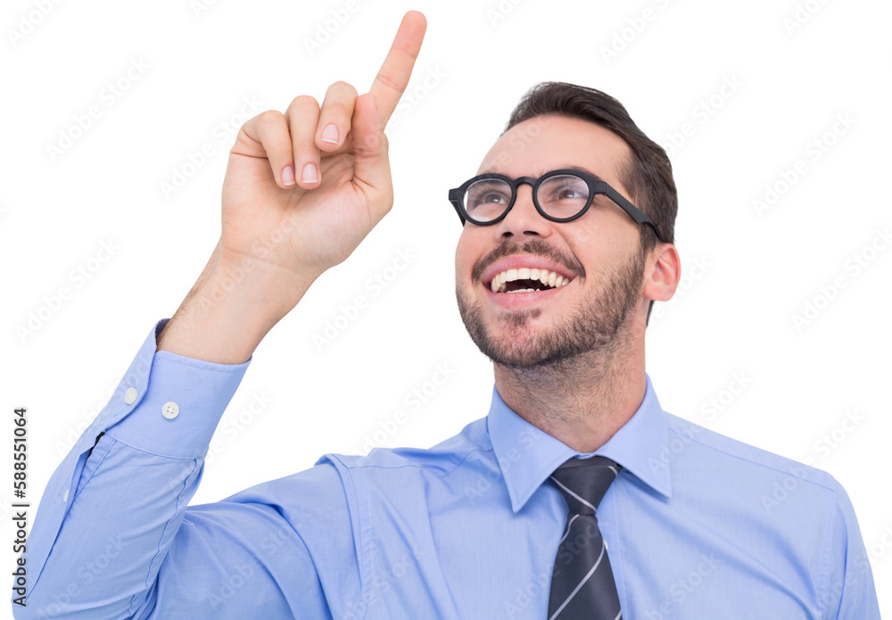Happy businessman with glasses pointing Happy businessman with glasses pointing