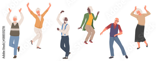 Old people dance set. Collection of moving grandfathers and grandmothers. Elderly men and women having fun and relaxing on party. Cartoon flat vector illustrations isolated on white background