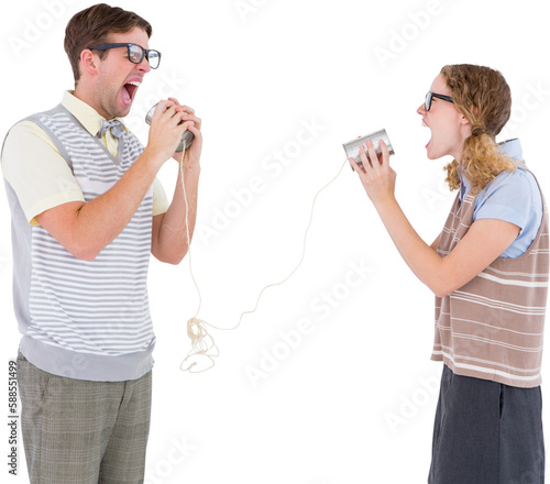 Geeky hipster couple speaking with tin can phone 