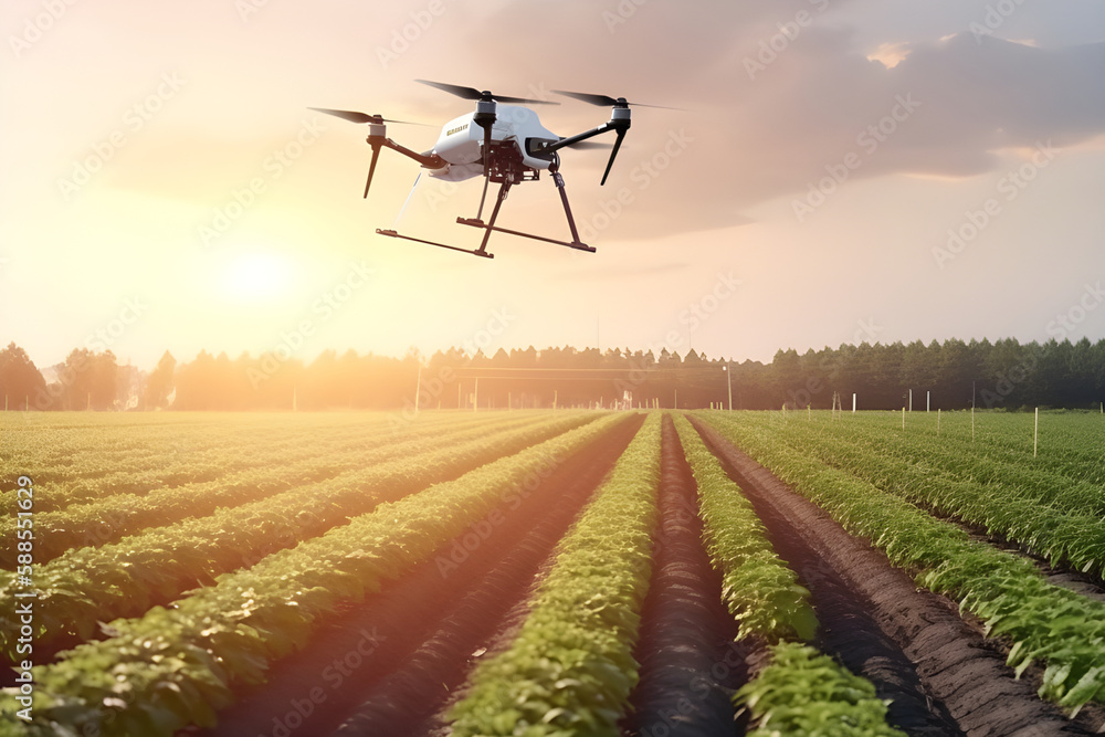 Drone flying over fields Agriculture of smart farming controlled by Technology. Generative AI Drone flying over fields Agriculture of smart farming controlled by Technology. Generative AI