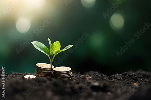 Growing Money. Plant On Coins - Finance And Investment Concept. Generative AI