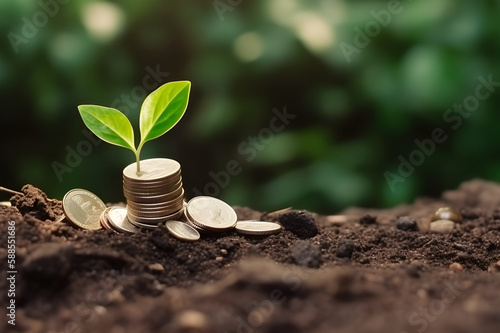 Growing Money. Plant On Coins - Finance And Investment Concept. Generative AI
