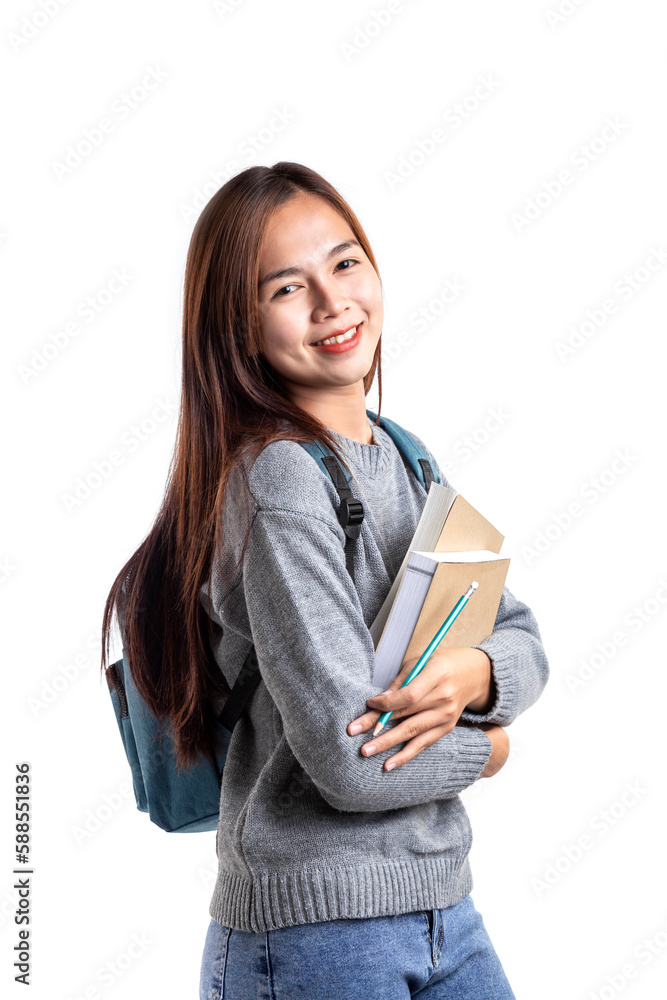 Cheerful Asian adult female teenager hand hold book and backpack casual cloth ready to school concept, isolated on white background