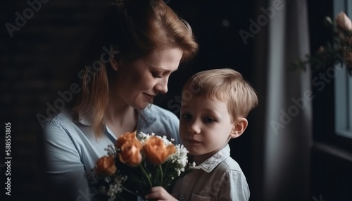 Little boy holding flowers, hugging his mother and celebrating mother's day. Generative AI