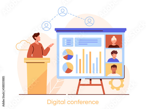 Digital conference concept. Man shows graphs and diagrams. Speaker presents statistics and infographics. Video call, distance or online education and training. Cartoon flat vector illustration