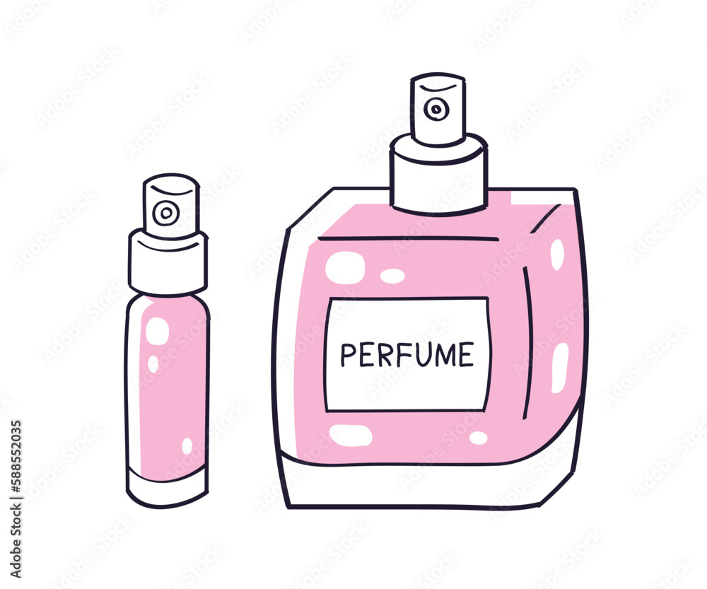 Small perfume sample tester and big pink perfume spray bottle or cologne fragrance with label isolated vector illustration Small perfume sample tester and big pink perfume spray bottle or cologne fragrance with label isolated vector illustration