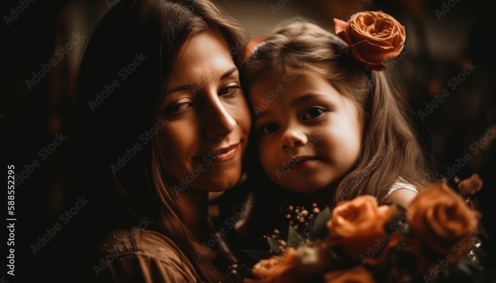 Little girl holding flowers, hugging her mother and celebrating mother's day. Generative AI