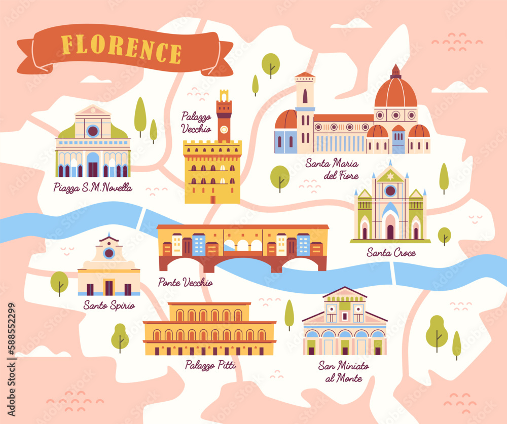 Map of Florence. Plan of Italian city with sights. Tourism and travel. Traditiopnal buildings and architecture, landmarks. Santa Maria del Fiore, Ponte Vecchio. Cartoon flat vector illustration Map of Florence. Plan of Italian city with sights. Tourism and travel. Traditiopnal buildings and architecture, landmarks. Santa Maria del Fiore, Ponte Vecchio. Cartoon flat vector illustration