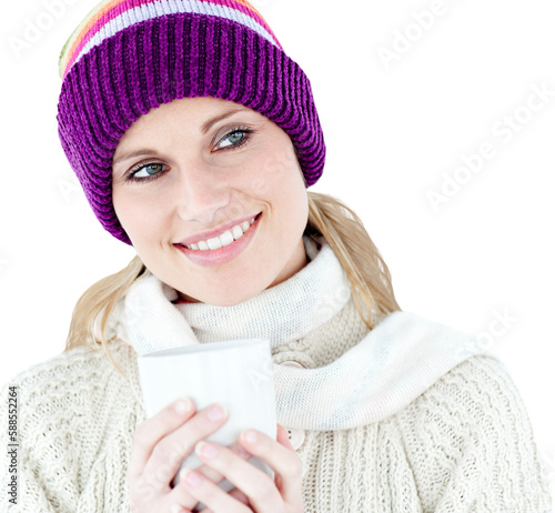 Beautiful woman holding a cup against white background