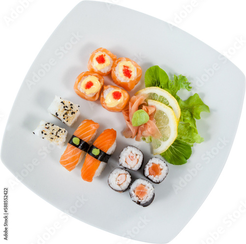 High angle view of sushi served in white plate